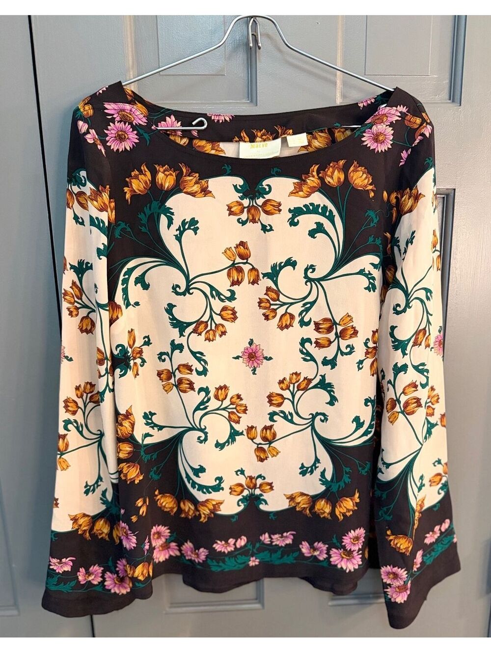 Maeve Women's Navy/Creme and Floral Pattern Long Sleeve Blouse Size 10 - Picture 4 of 7
